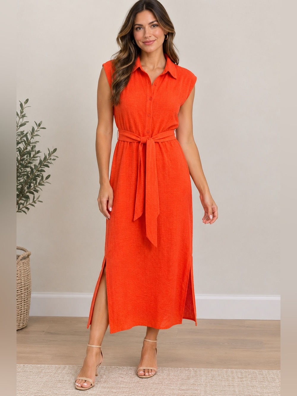 Emma & Michele Vibrant Orange Sleeveless Shirt Dress with Tie Waist